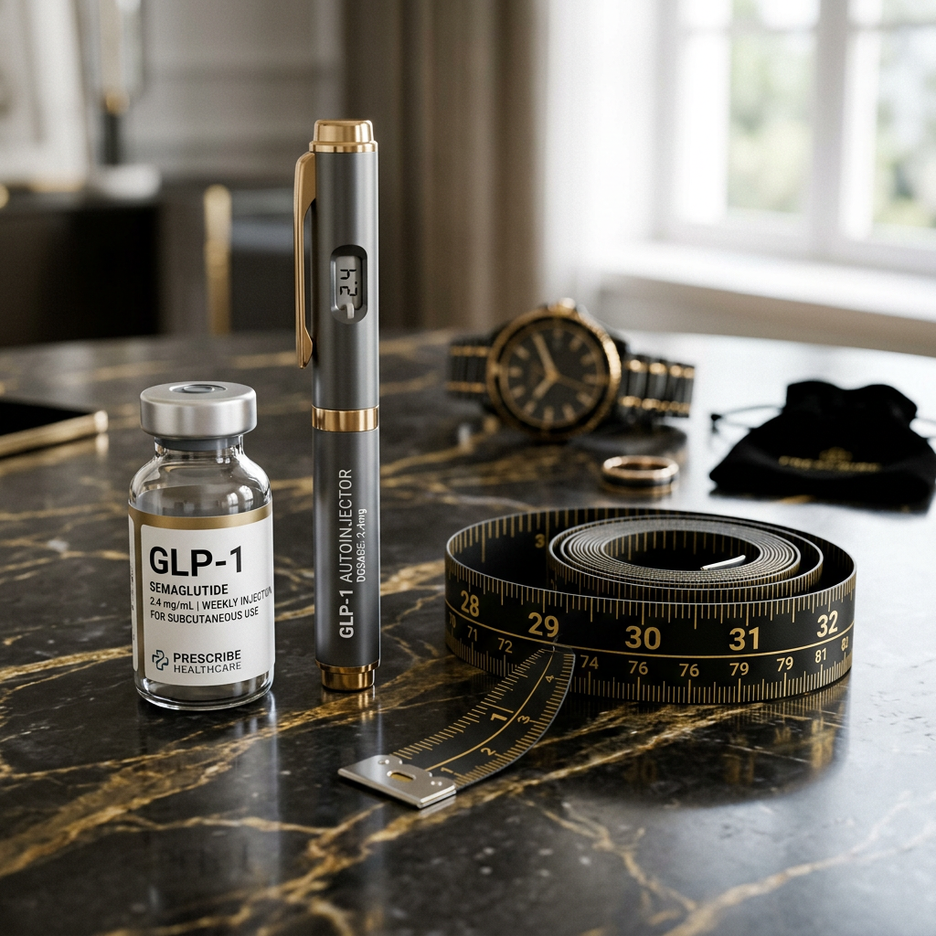 Vial of GLP-1 semaglutide medication and autoinjector pen with measuring tape and wristwatch